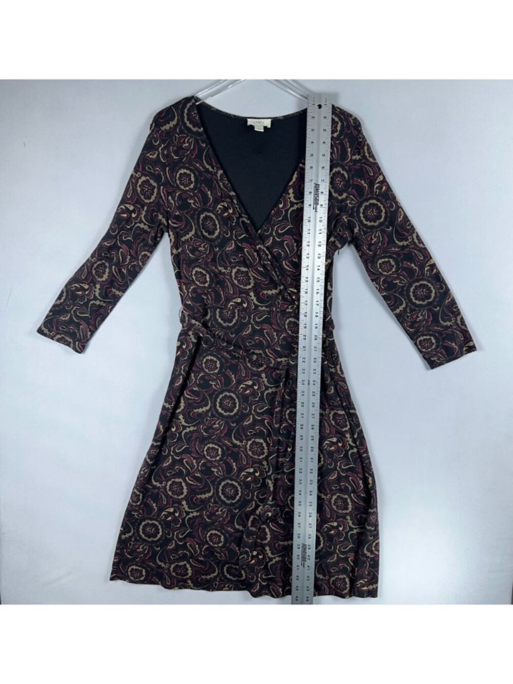 Ann Taylor Loft Wrap Dress Size 8 Floral Print Black Burgundy 3/4 Sleeve Tie Wai - Picture 6 of 11